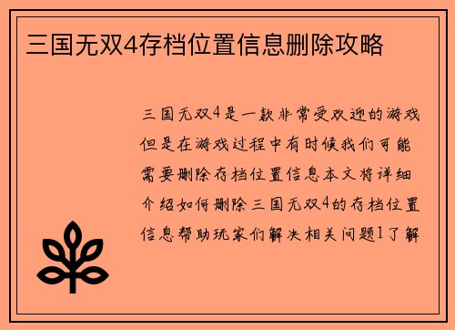 三国无双4存档位置信息删除攻略